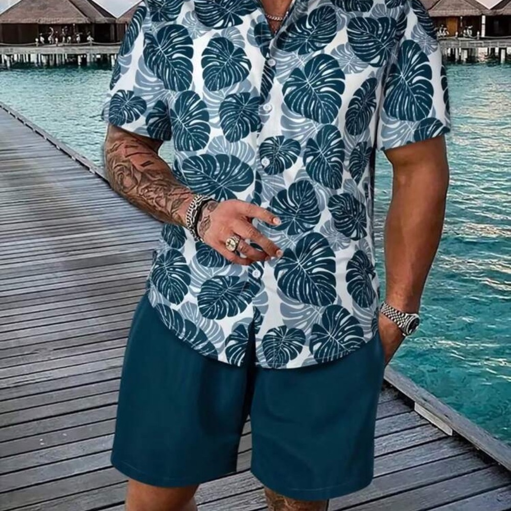 Manfinity Swimmode 2pcs/Set Tropical Print Short Sleeve Shirt And Shorts